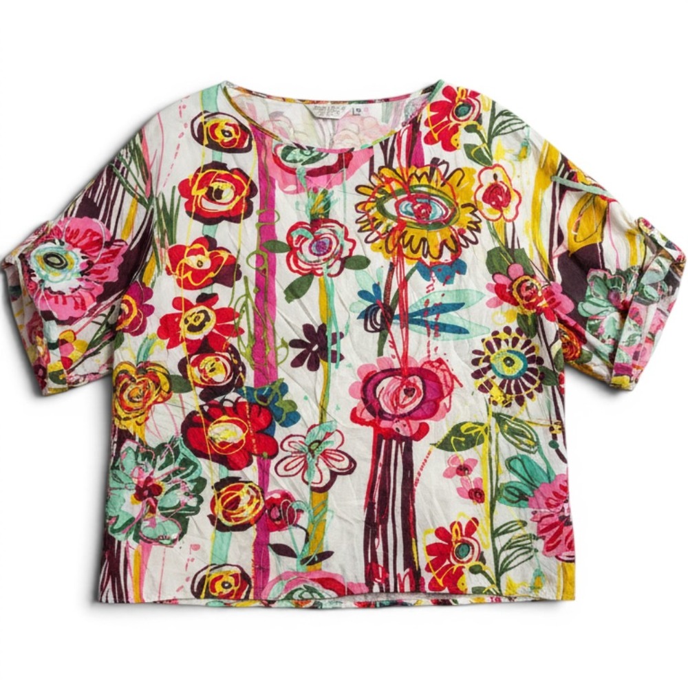 Jams‎ World Womens Floral cold shoulder Top Multicolor Rayon Hawaii Made S Artsy